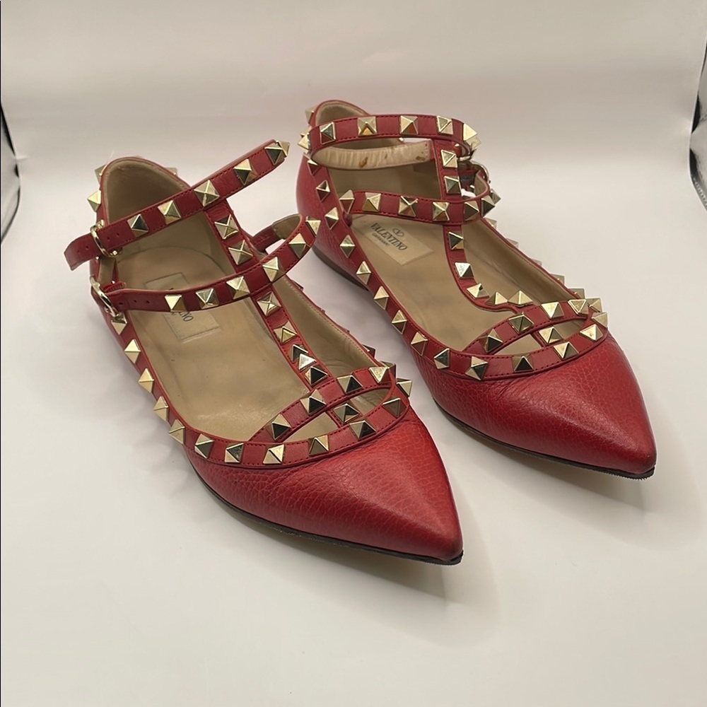 Valentino Red Studded Flats with Pointed Toe - Red - 37.5 or 6.5